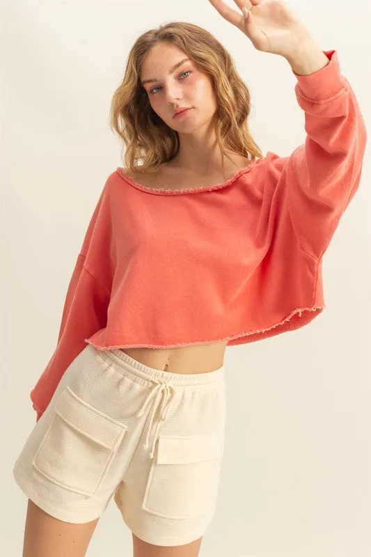 HYFVE Frayed Detail Boat Neck Long Sleeve Crop Top