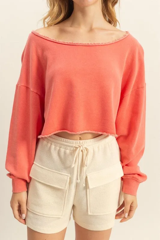HYFVE Frayed Detail Boat Neck Long Sleeve Crop Top