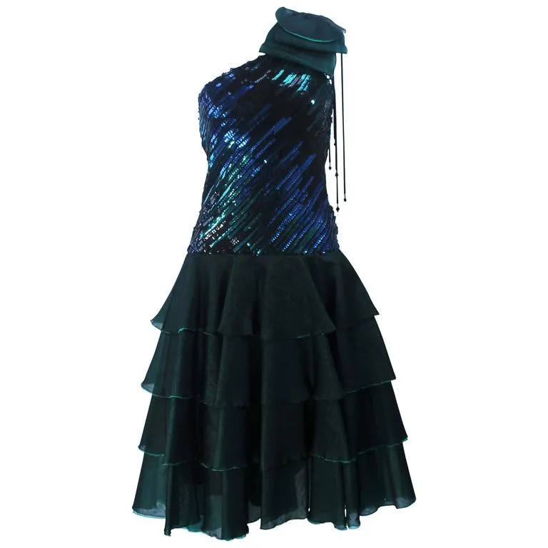 I. MAGNIN Emerald Green Sequin Cocktail Dress Size 6-8