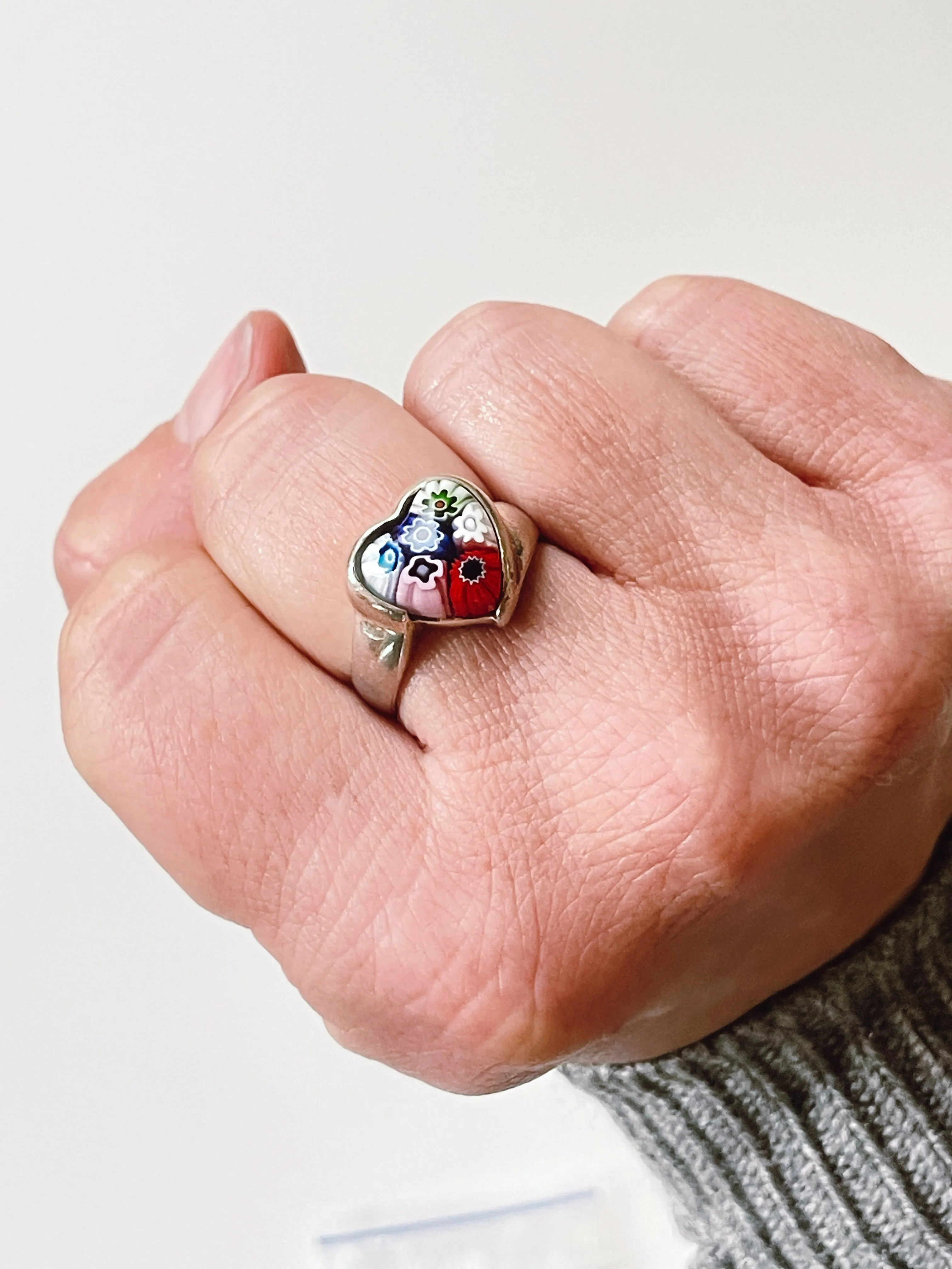 Italian Mille Fiori and Silver Heart Ring