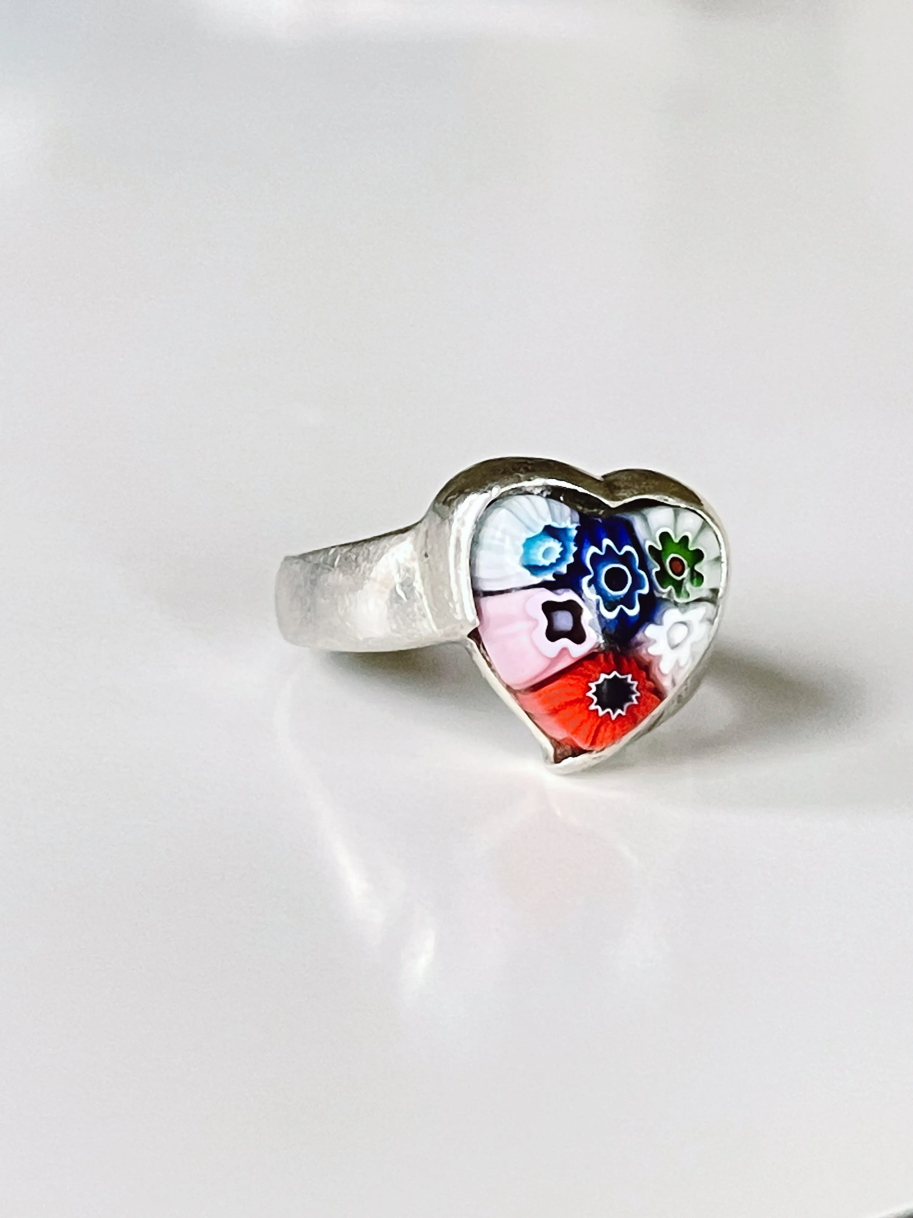Italian Mille Fiori and Silver Heart Ring