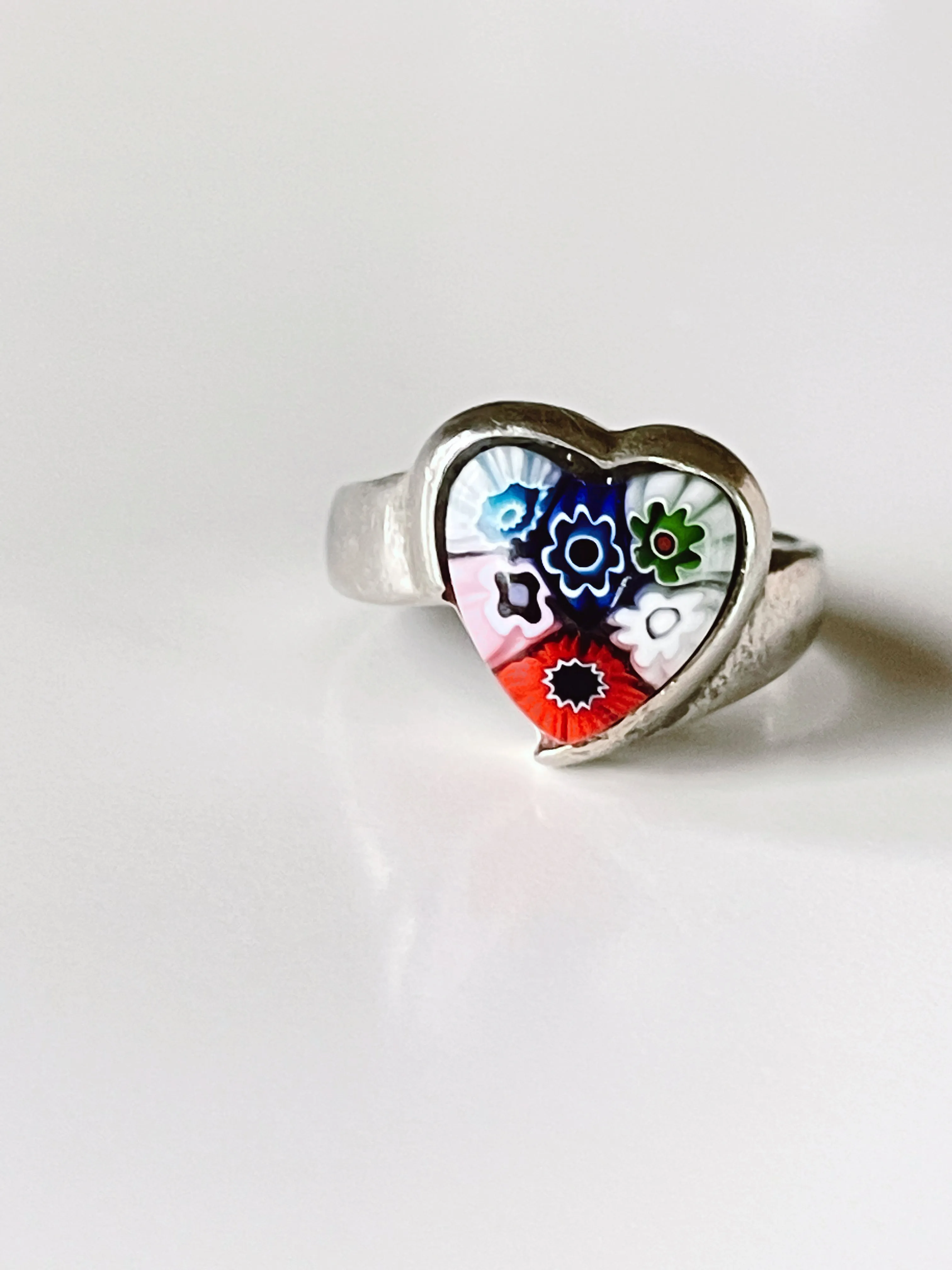 Italian Mille Fiori and Silver Heart Ring