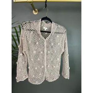 J Jill Hand Crochet Linen Embroidered Flower Open Cardigan Cottagecore Size | M