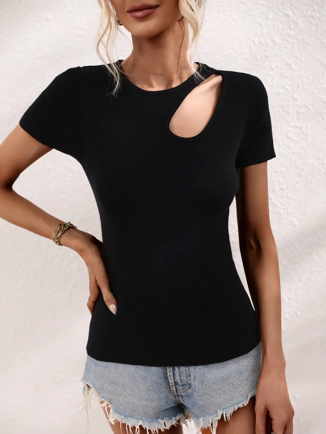 JULISSA RIBBED CUT-OUT KNIT TOP - BLACK