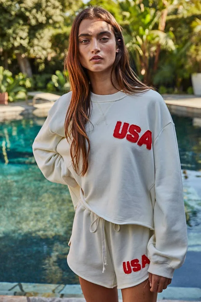 Knit Cotton French Terry Shorts With USA Patch