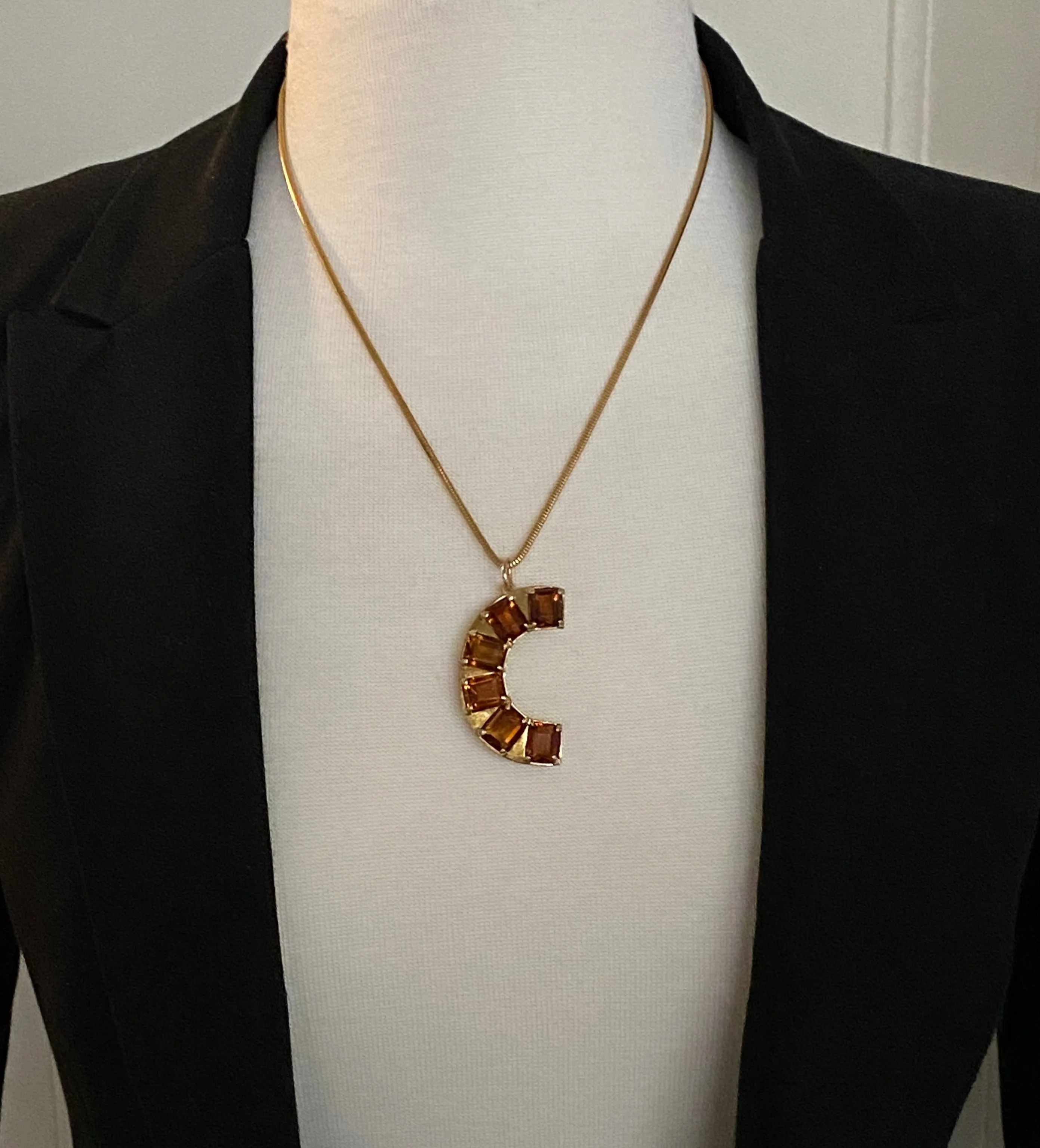Large Vintage 18K Gold, Madeira Citrine Initial “C” Pendant, Statement Charm