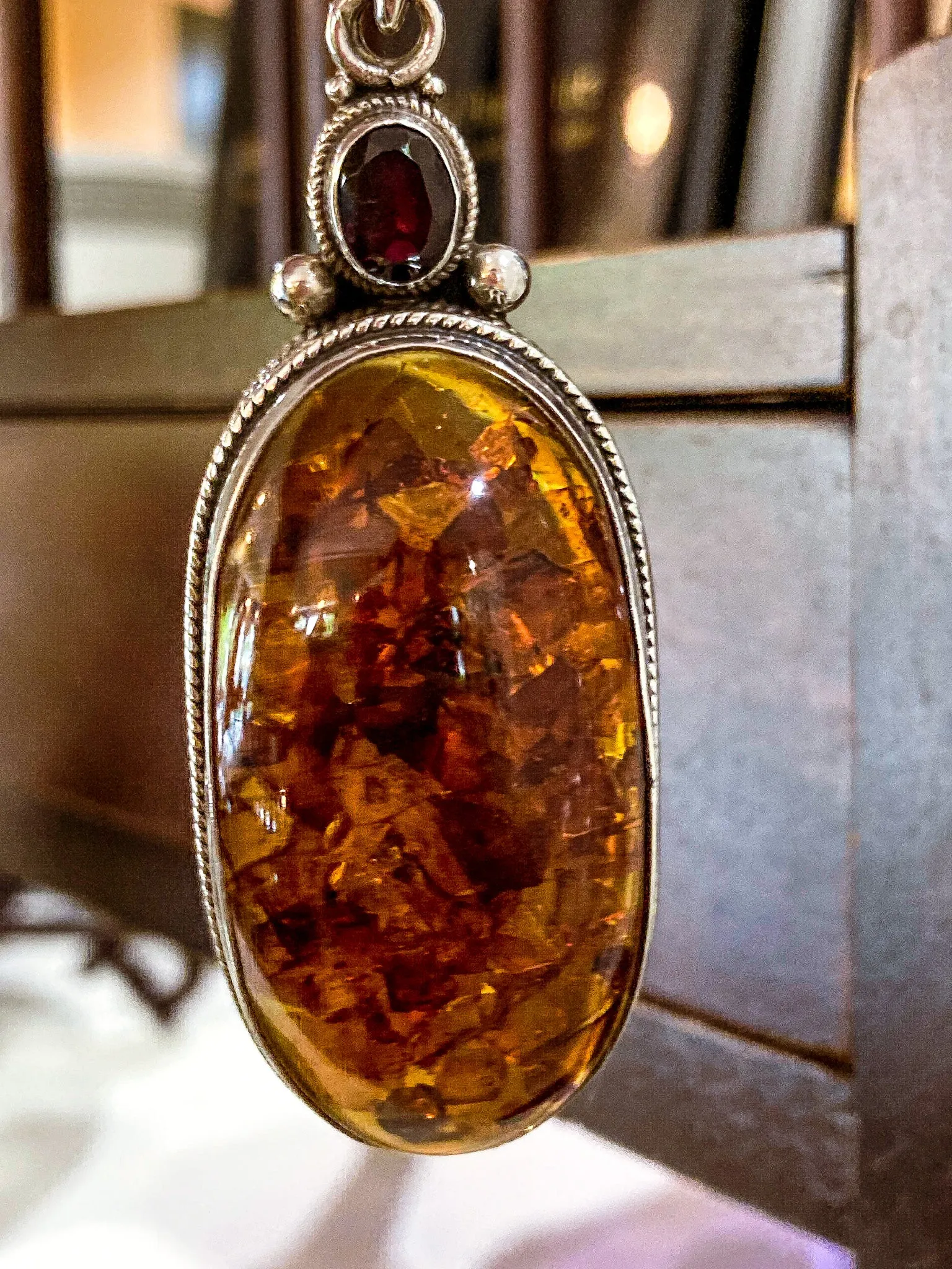 Large Vintage Sterling Silver Amber Oval Amethyst Statement Pendant