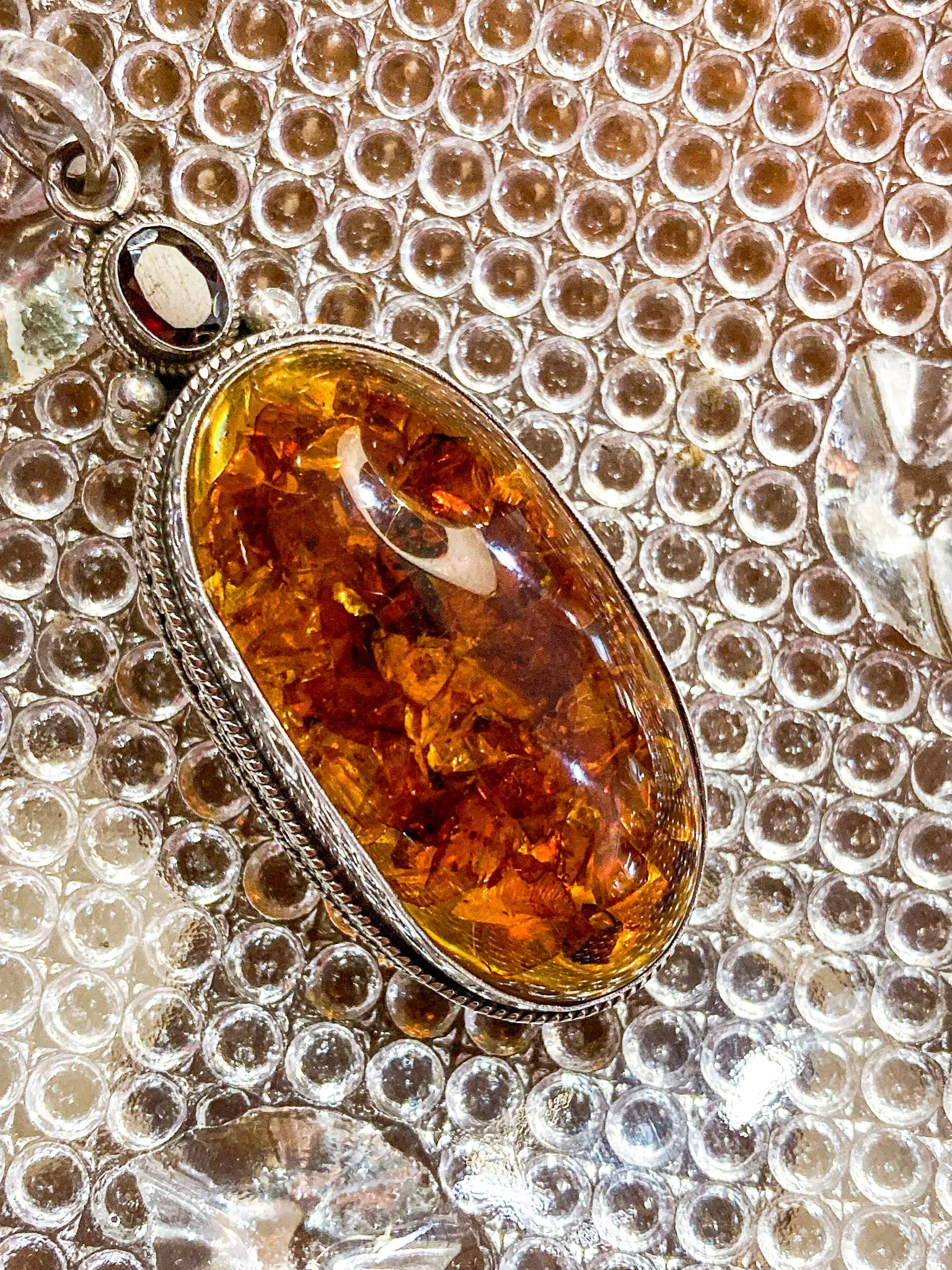 Large Vintage Sterling Silver Amber Oval Amethyst Statement Pendant