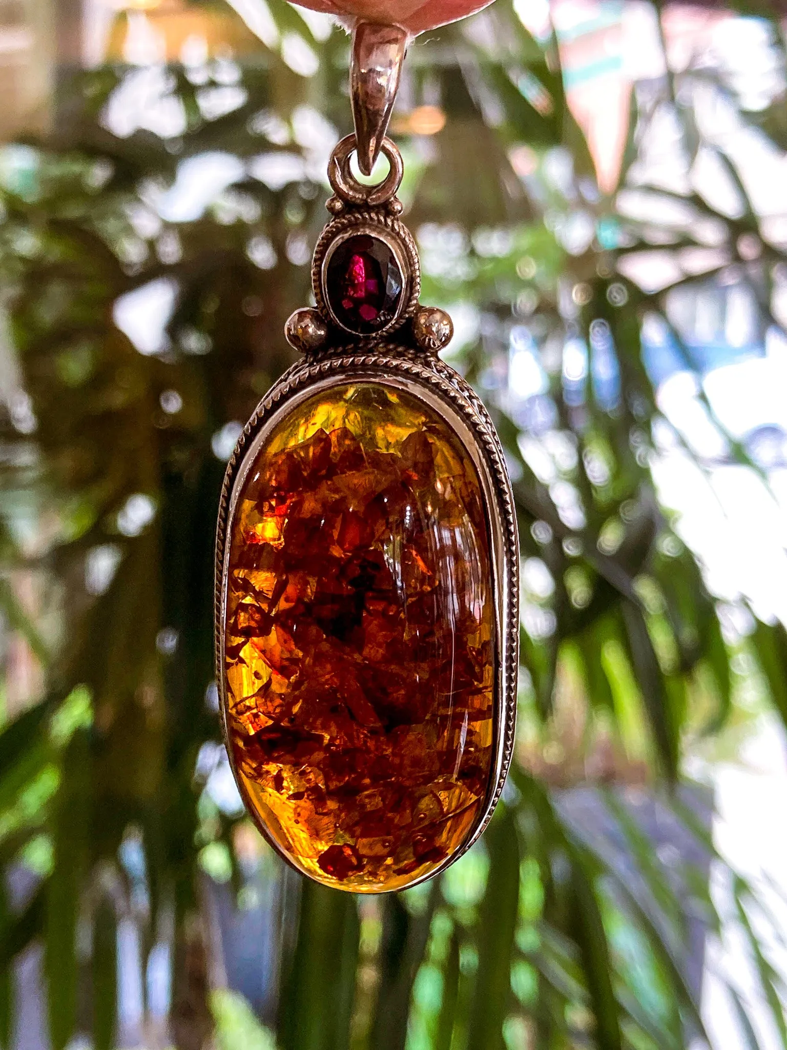 Large Vintage Sterling Silver Amber Oval Amethyst Statement Pendant