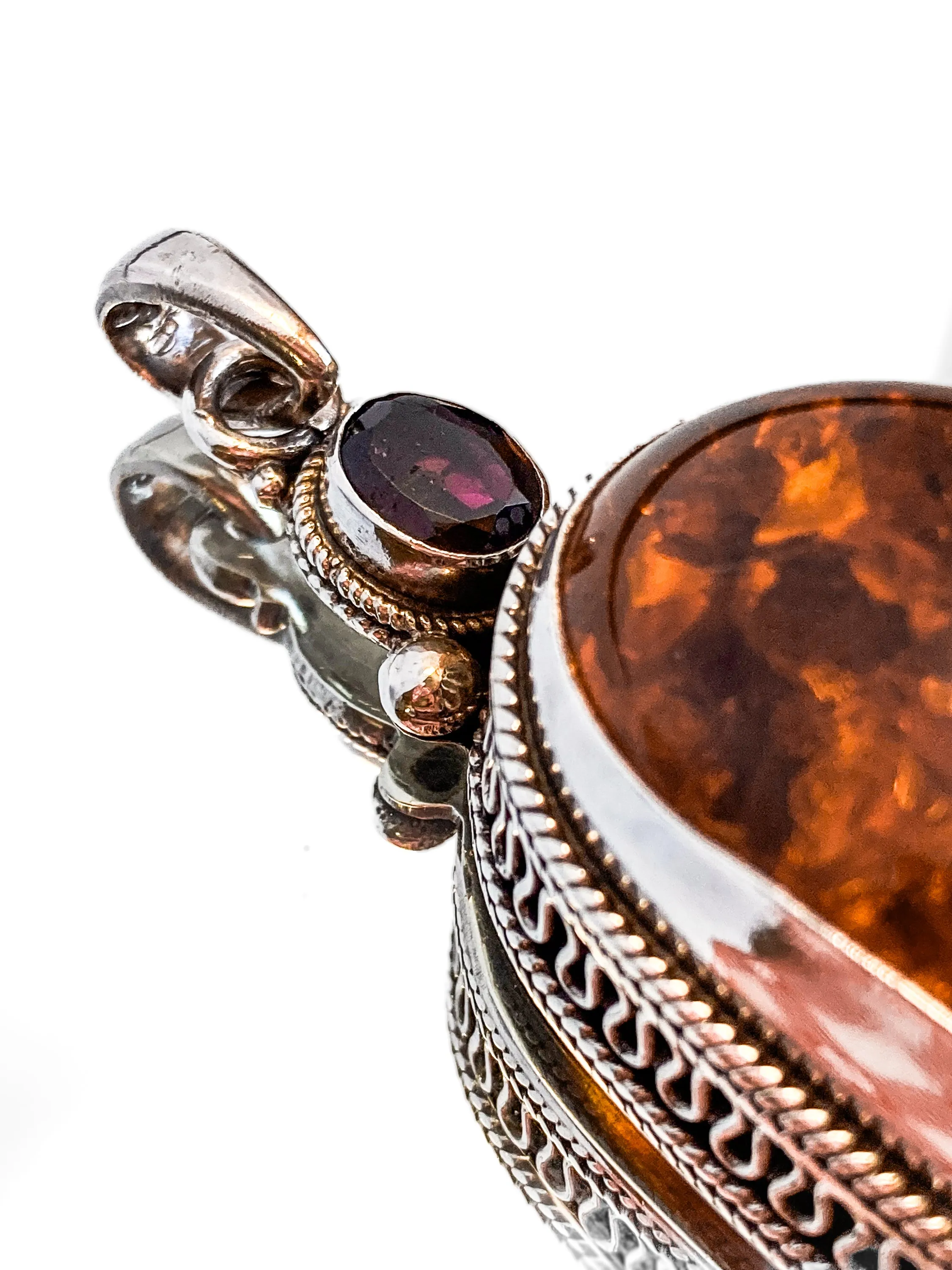 Large Vintage Sterling Silver Amber Oval Amethyst Statement Pendant