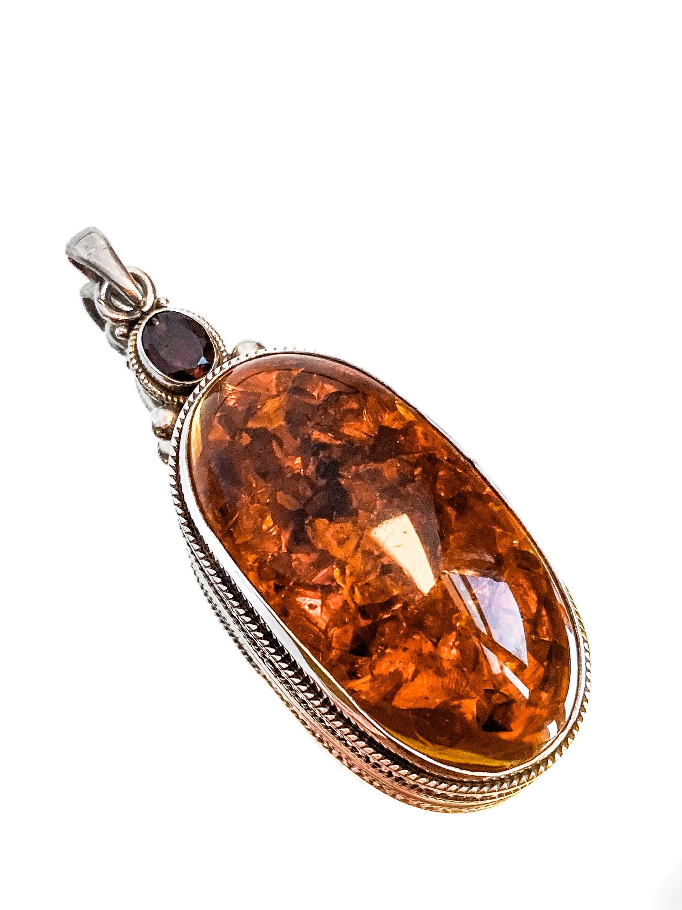 Large Vintage Sterling Silver Amber Oval Amethyst Statement Pendant