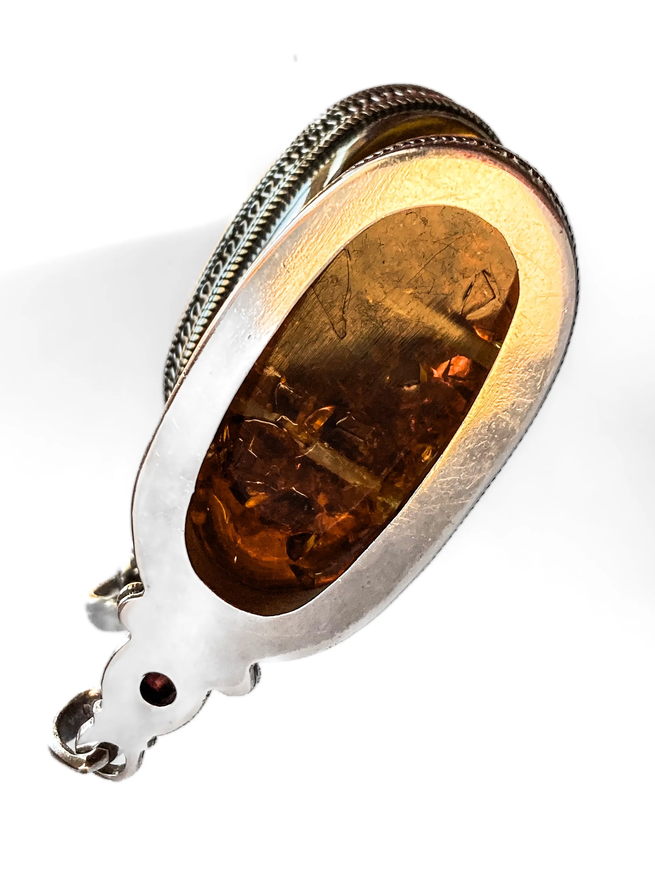 Large Vintage Sterling Silver Amber Oval Amethyst Statement Pendant