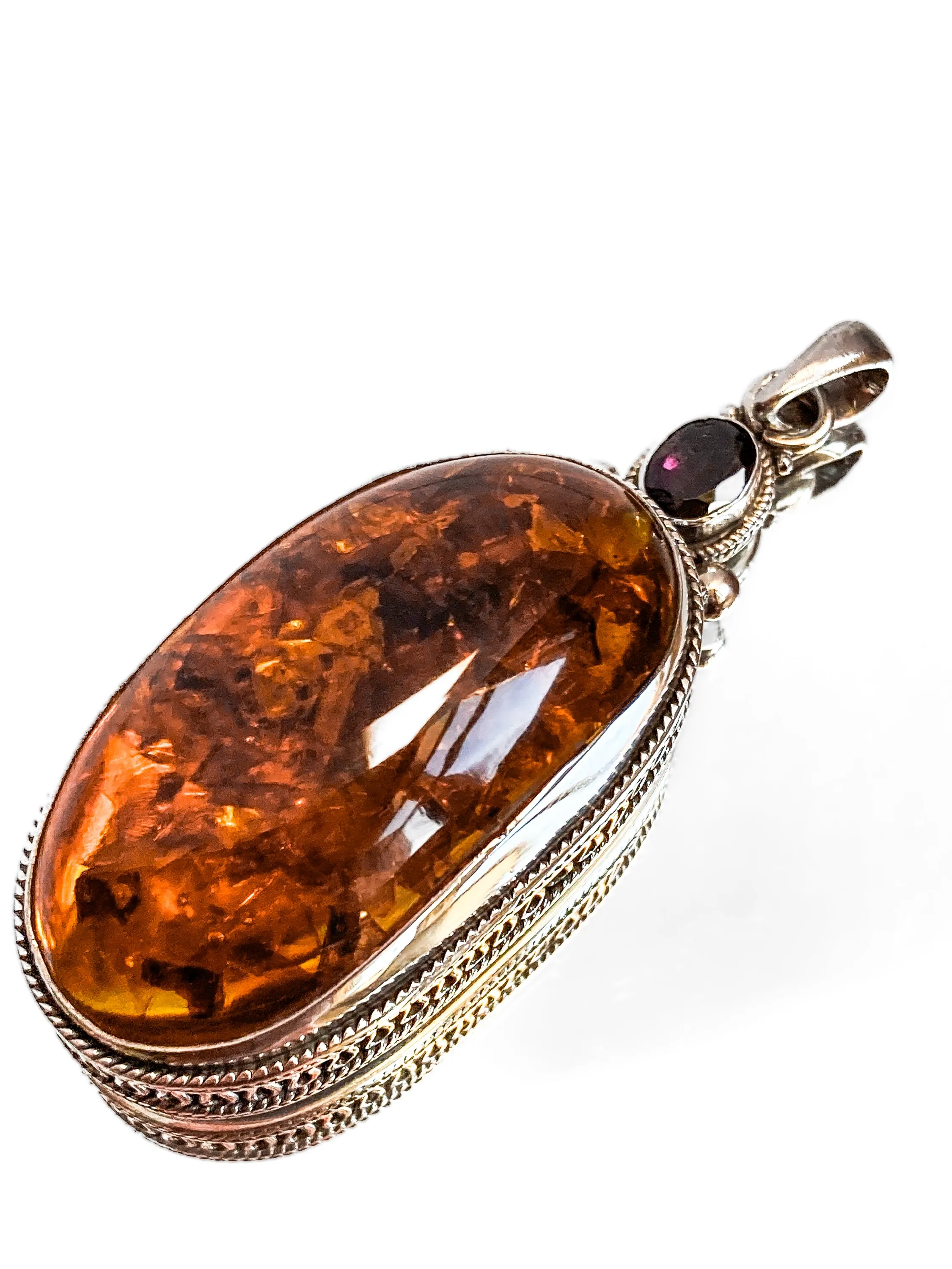 Large Vintage Sterling Silver Amber Oval Amethyst Statement Pendant