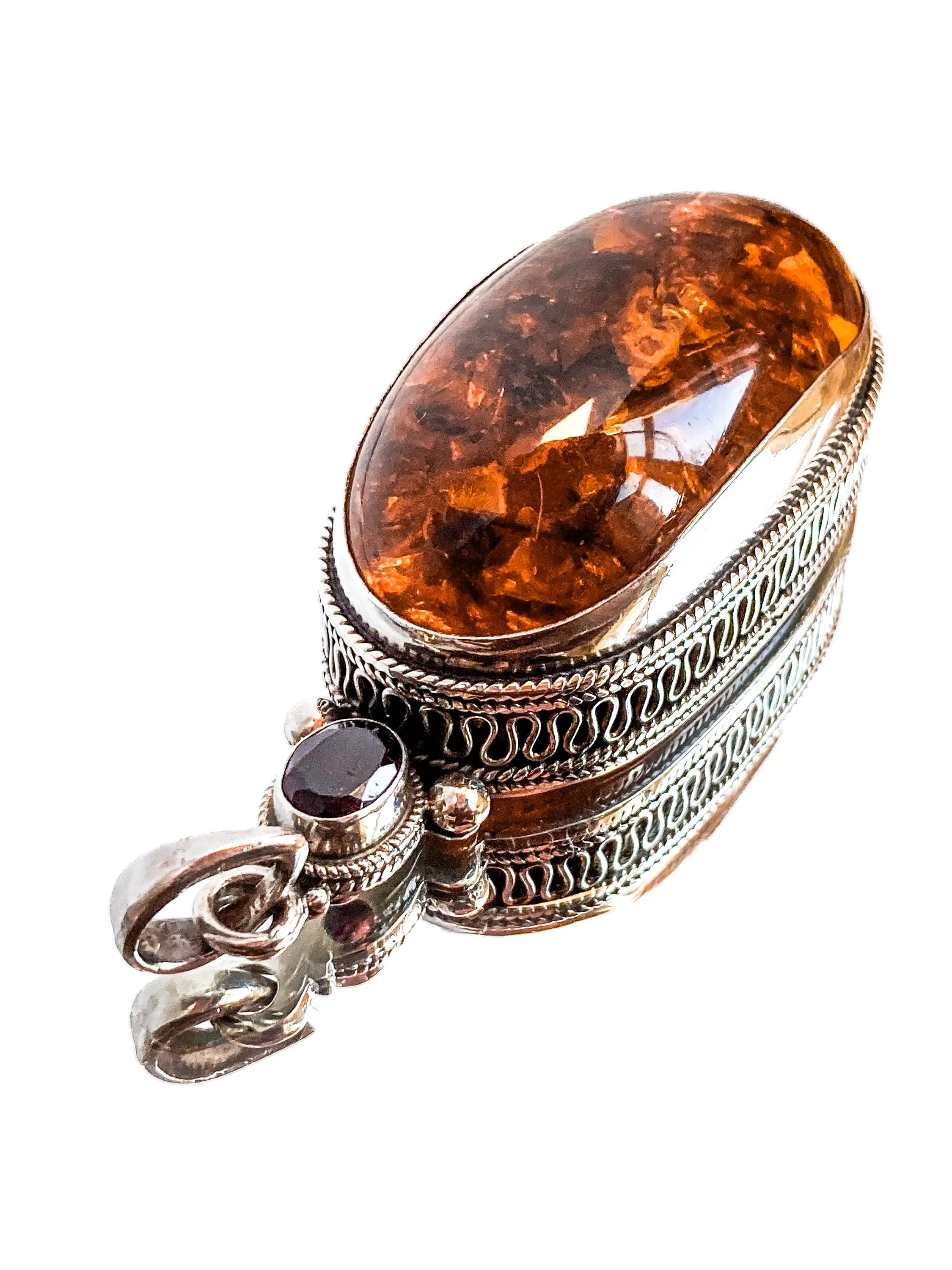 Large Vintage Sterling Silver Amber Oval Amethyst Statement Pendant