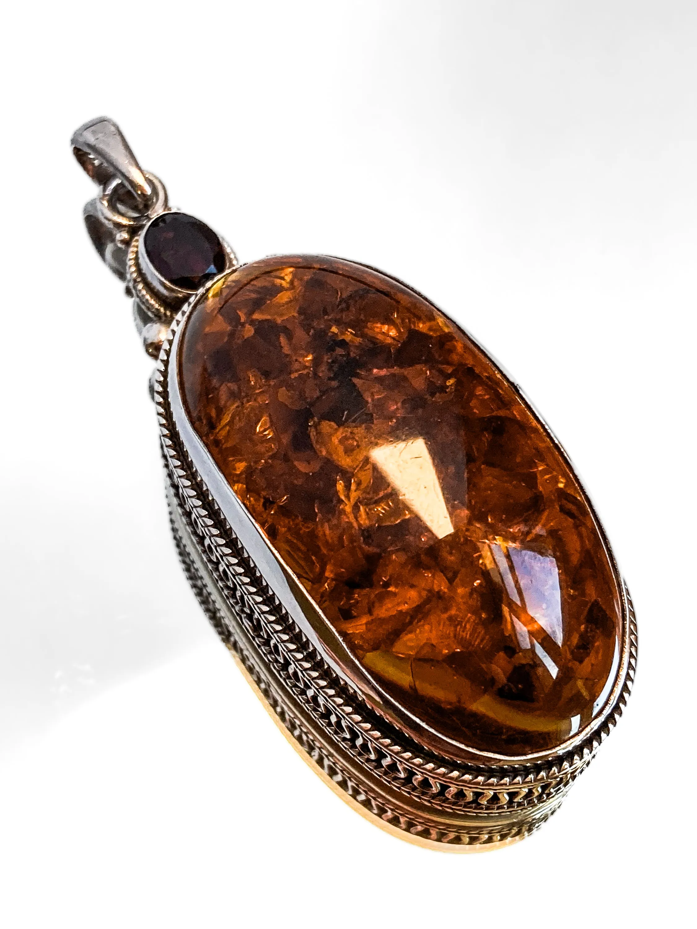 Large Vintage Sterling Silver Amber Oval Amethyst Statement Pendant