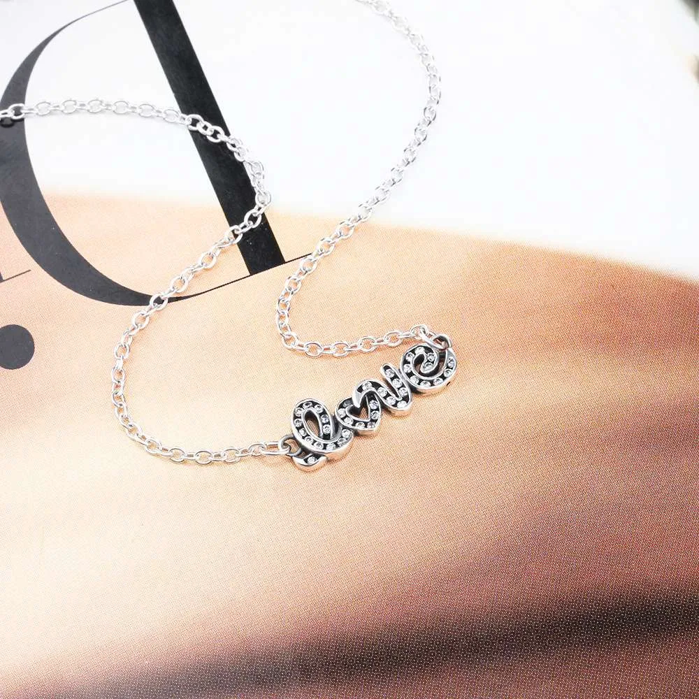 Letter LOVE With Cubic Zirconia 925 Sterling Silver Pendant Necklace For Women Fashion Gift For Her