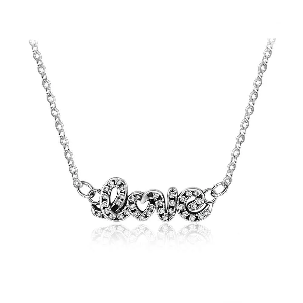 Letter LOVE With Cubic Zirconia 925 Sterling Silver Pendant Necklace For Women Fashion Gift For Her