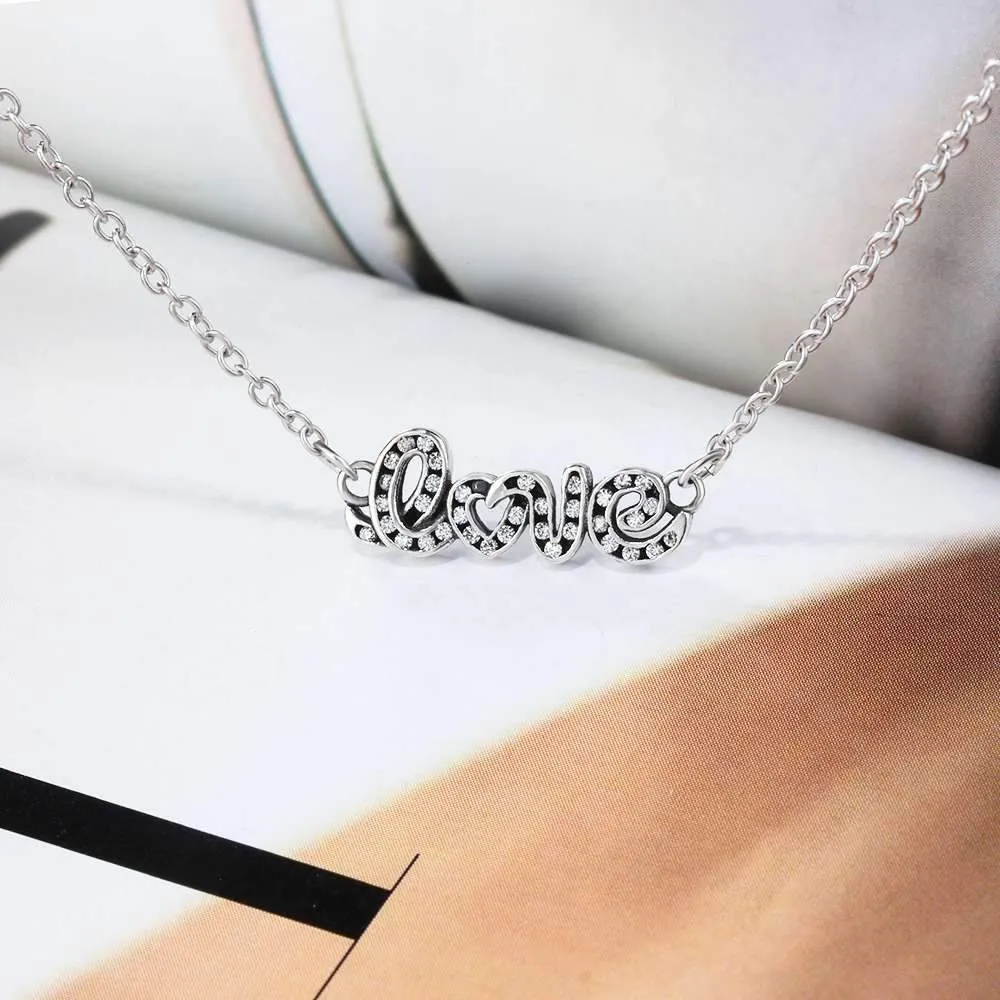 Letter LOVE With Cubic Zirconia 925 Sterling Silver Pendant Necklace For Women Fashion Gift For Her