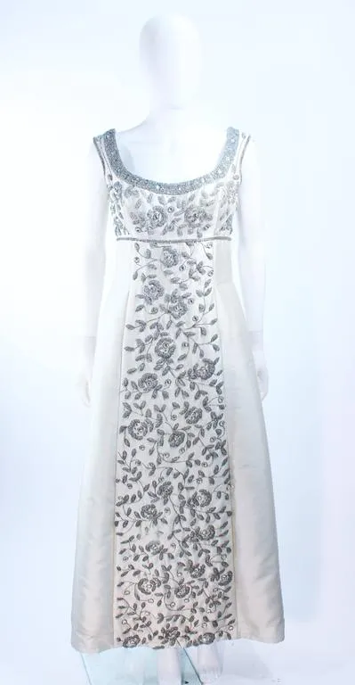 LILLIE RUBIN 1960s Off White Silk Gown, Rhinestones Size 4