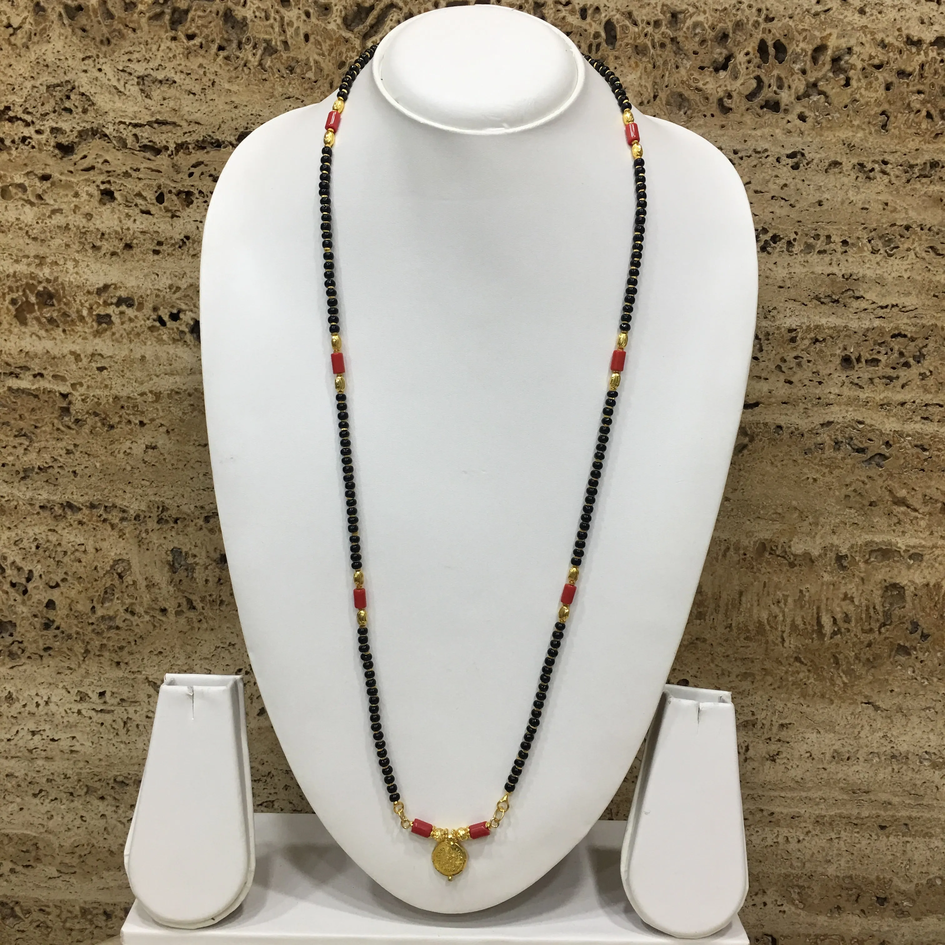 Long Mangalsutra Designs Gold Plated Latest Vati Pendant Black Orange Coral Beads Single Layer Mangalsutra