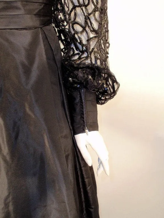 LORIS AZZARO 1980s Black Taffeta & Lace Gown