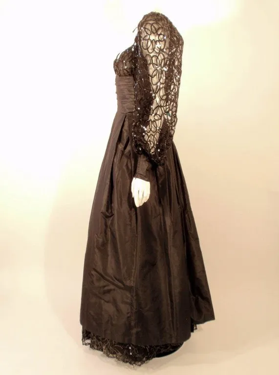 LORIS AZZARO 1980s Black Taffeta & Lace Gown