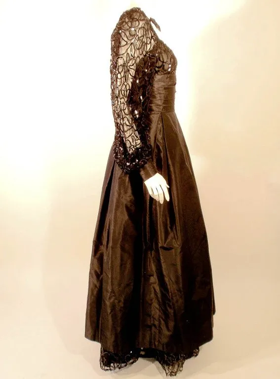 LORIS AZZARO 1980s Black Taffeta & Lace Gown