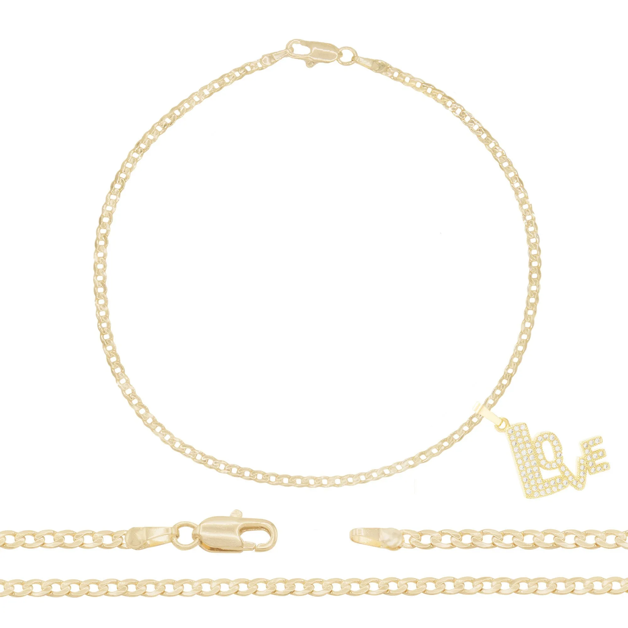 Love Pendant 14K Anklet Gold Filled Cubic Zirconia 10" Women Jewelry