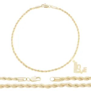 Love Pendant 14K Anklet Gold Filled Cubic Zirconia Charm Rope Chain Set 10" Women Jewelry