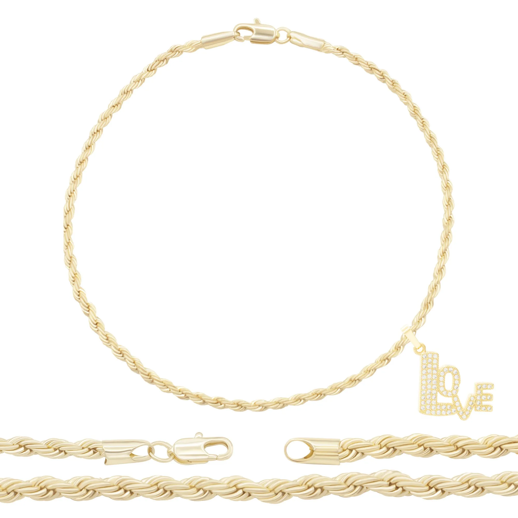 Love Pendant 14K Anklet Gold Filled Cubic Zirconia Charm Rope Chain Set 10" Women Jewelry