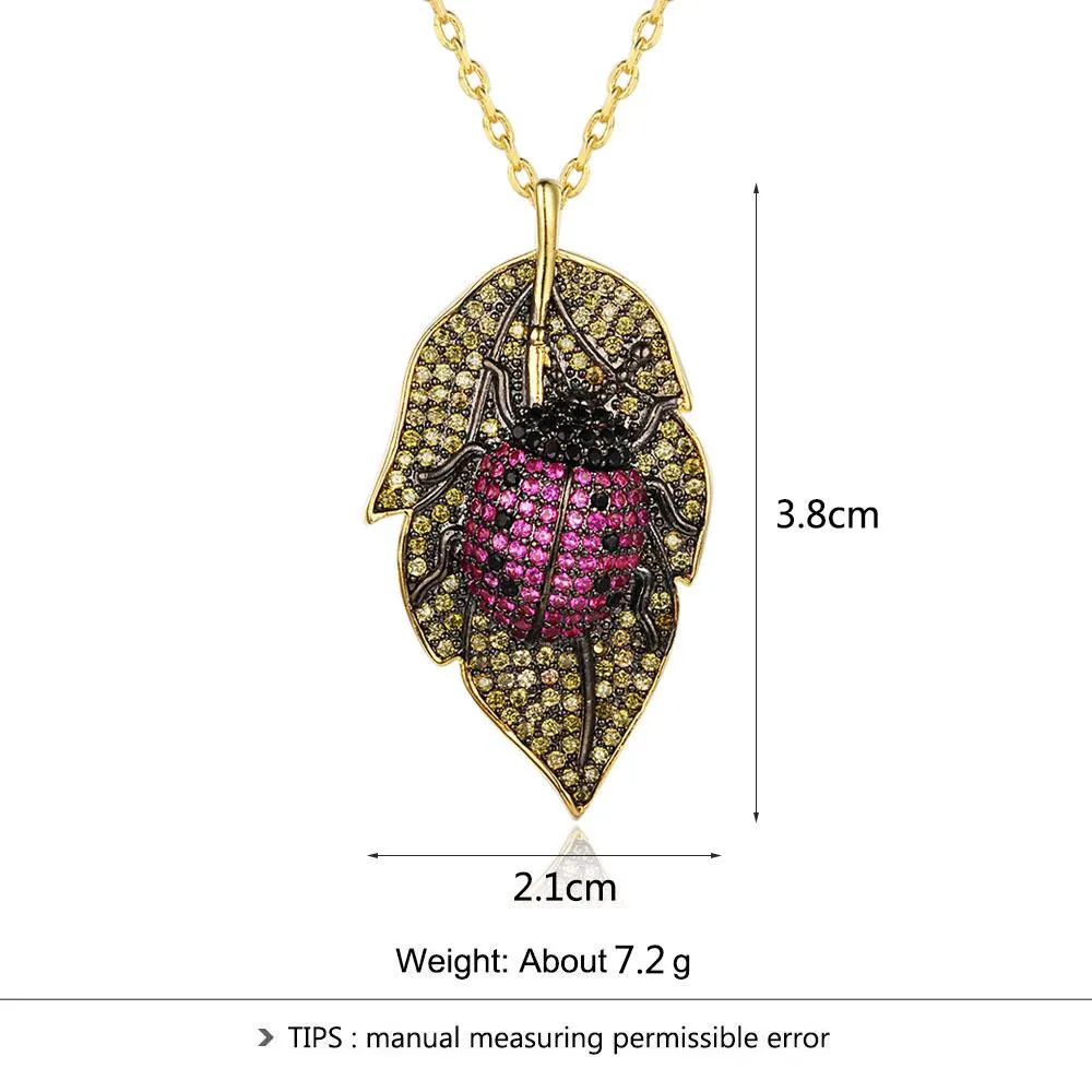 Lovely Ladybug On the Leaves Pendants Necklace Insects for Women Jewelry Fashion Dress Coat Accessory