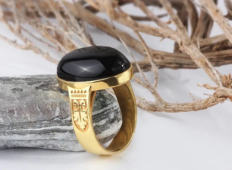 Men's Onyx Ring in 14k Yellow Gold, Artdeco Statement Ring with Black Stone