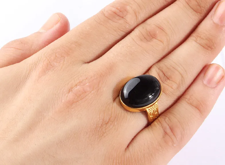 Men's Onyx Ring in 14k Yellow Gold, Artdeco Statement Ring with Black Stone