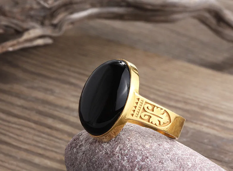 Men's Onyx Ring in 14k Yellow Gold, Artdeco Statement Ring with Black Stone