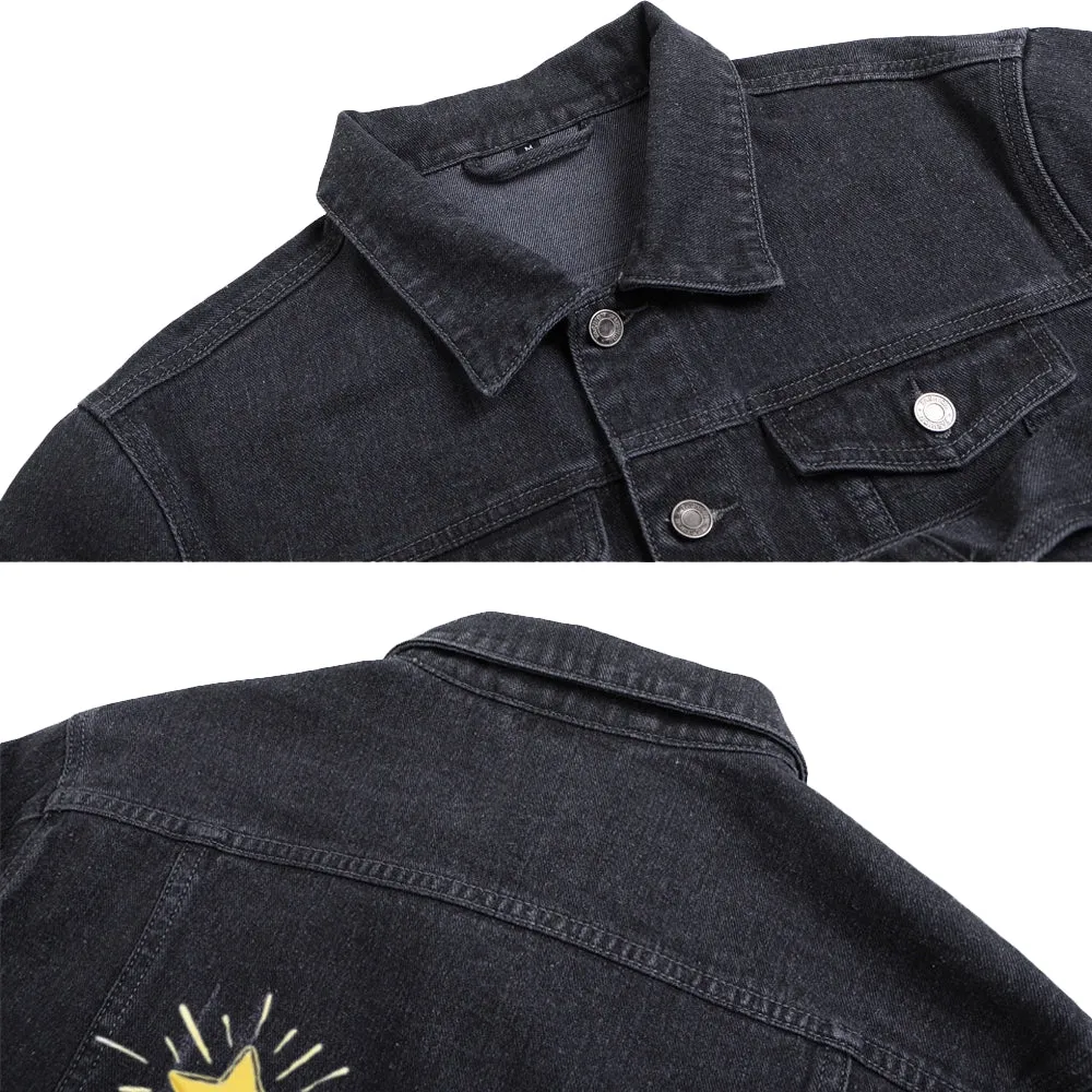 Mens Vintage Cartoon Cute Bear Dream Prints Denim Jacket