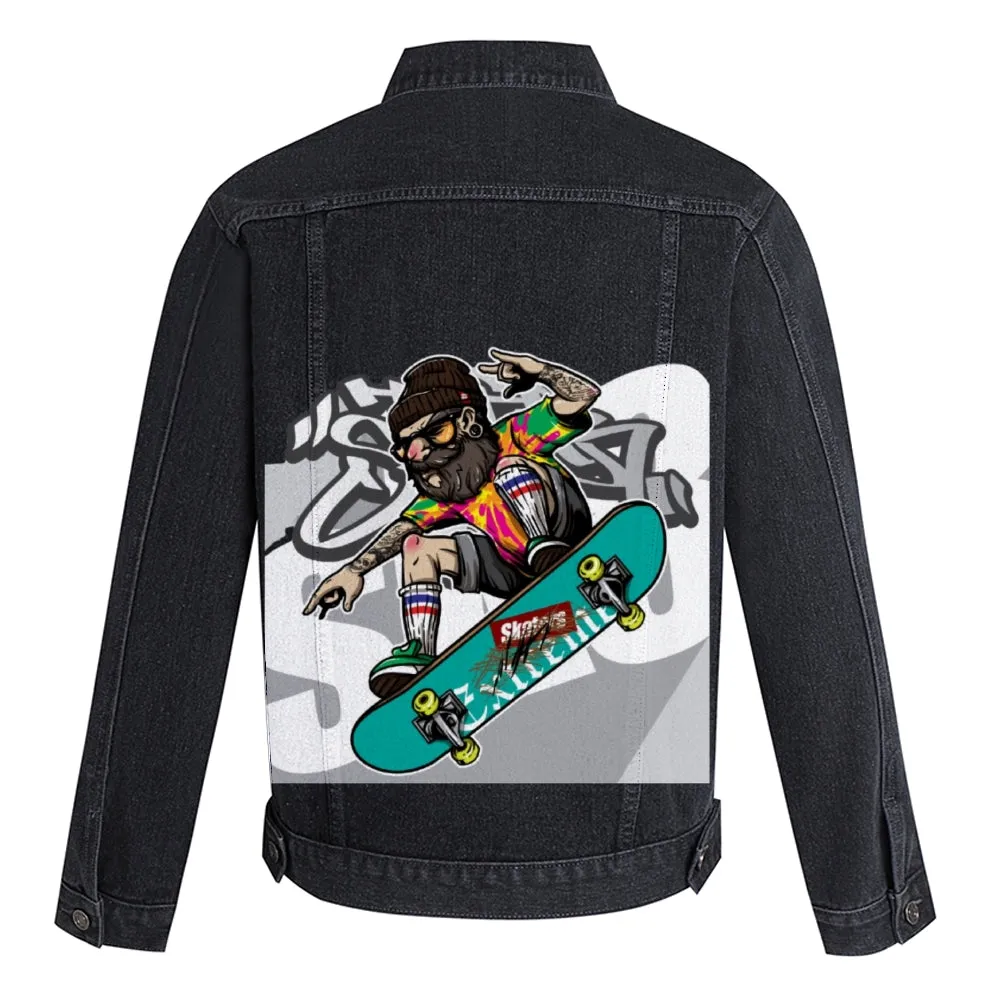 Mens Vintage Skate Cartoon Prints Denim Jacket