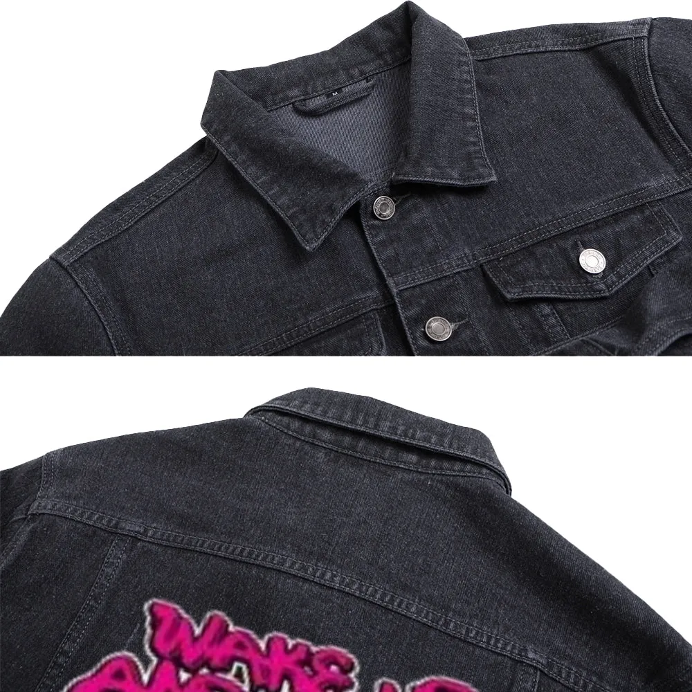 Mens WAKE UP AND FIGHT Bear Graphic Button Up Denim Jacket