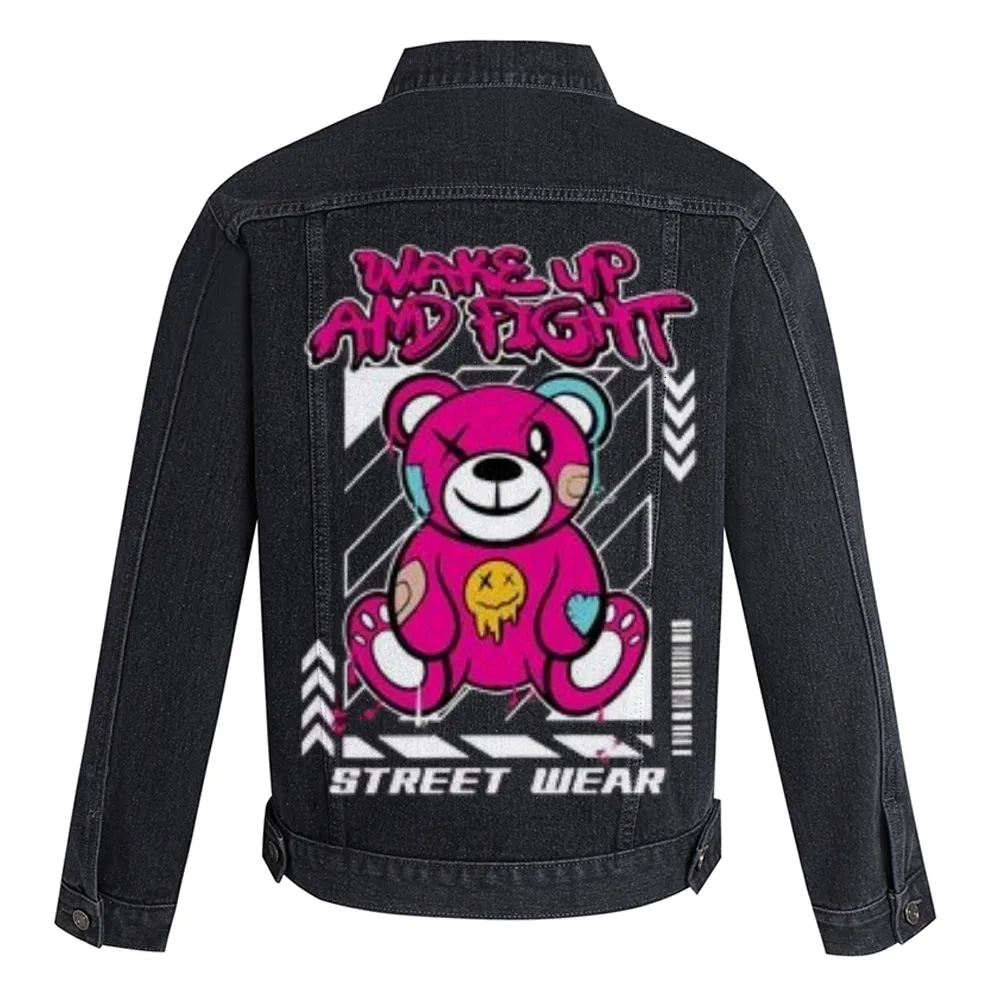 Mens WAKE UP AND FIGHT Bear Graphic Button Up Denim Jacket
