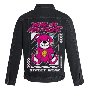 Mens WAKE UP AND FIGHT Bear Graphic Button Up Denim Jacket