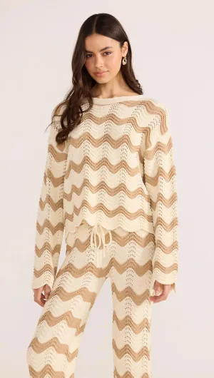 MINK PINK BROOKE CROCHET WAVE SWEATER BROWN/WHITE