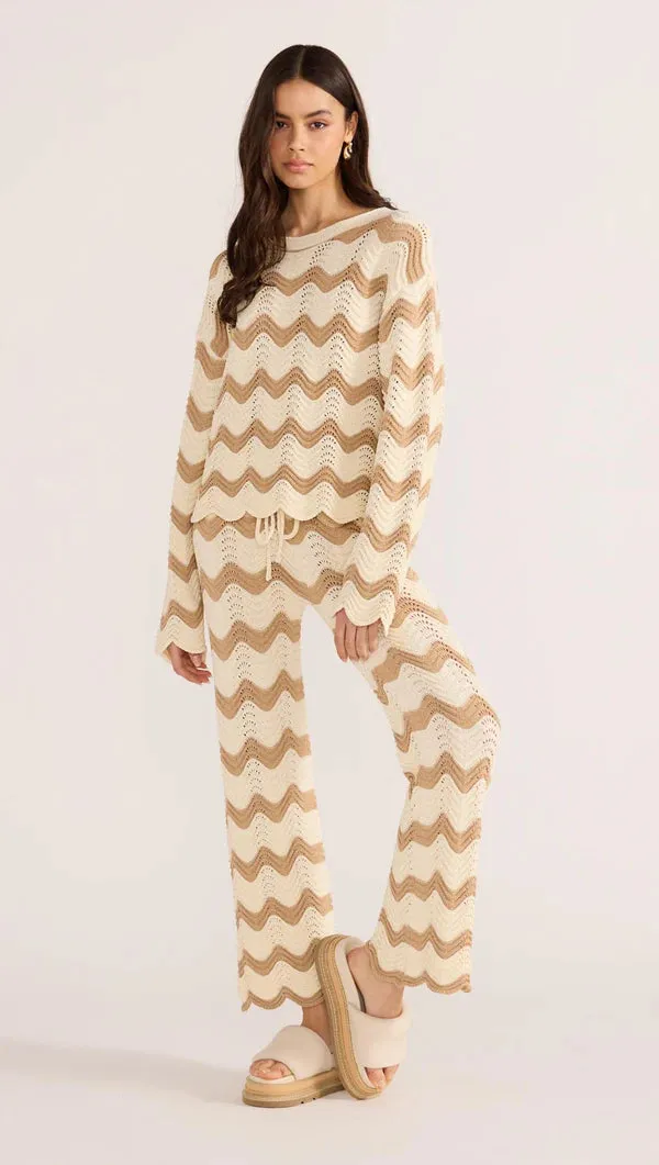 MINK PINK BROOKE CROCHET WAVE SWEATER BROWN/WHITE