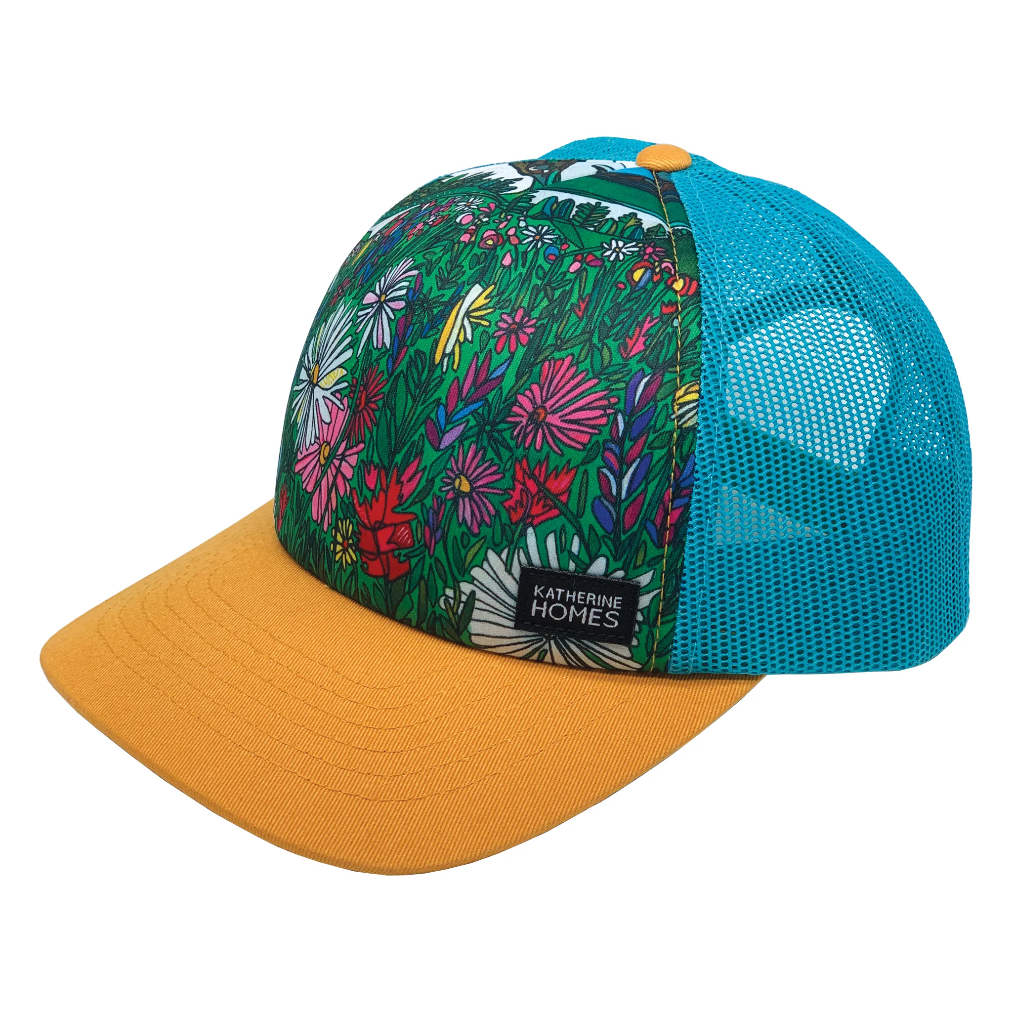 Mount Rainier Bloom | Trucker Hat | Aqua  | Camel Yellow