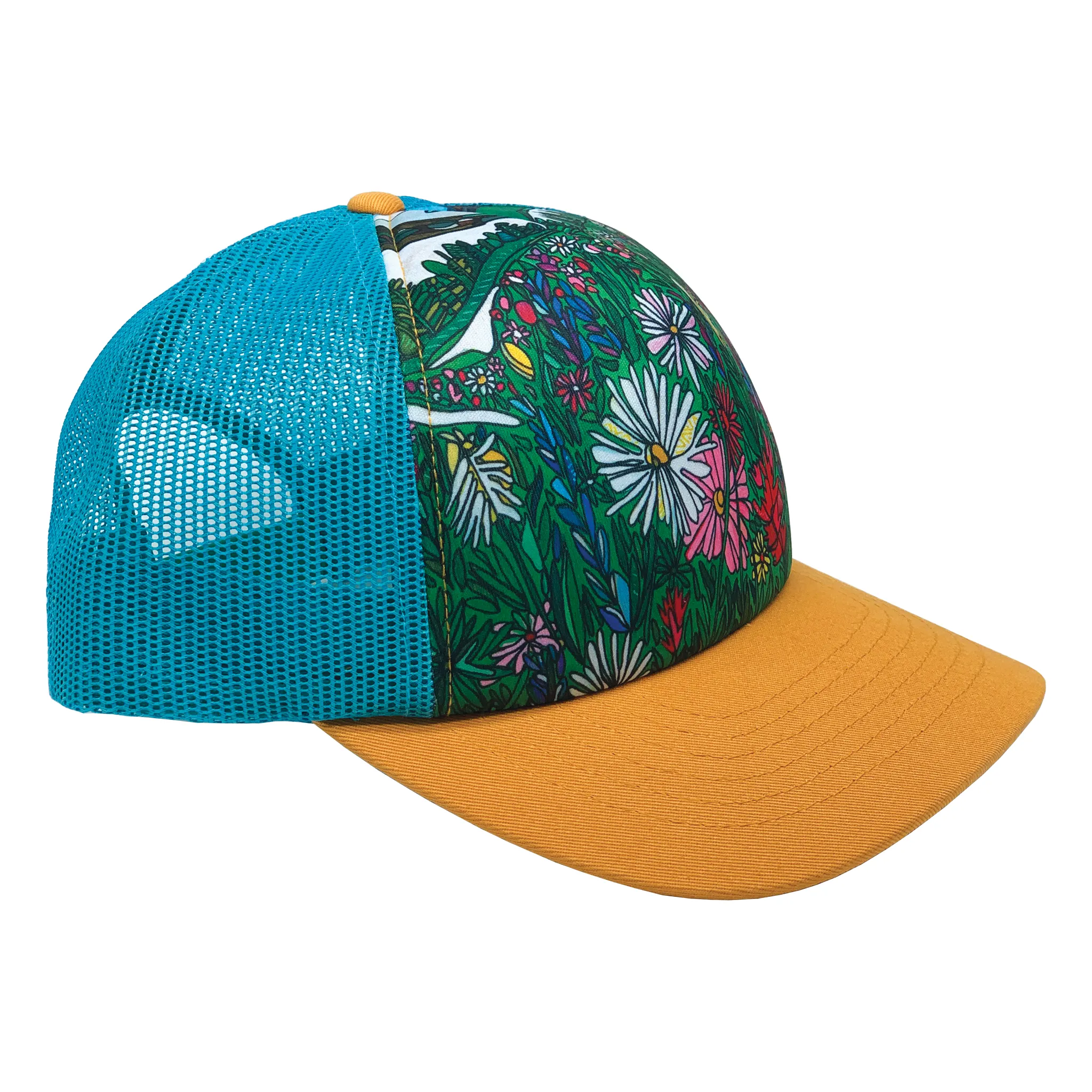 Mount Rainier Bloom | Trucker Hat | Aqua  | Camel Yellow