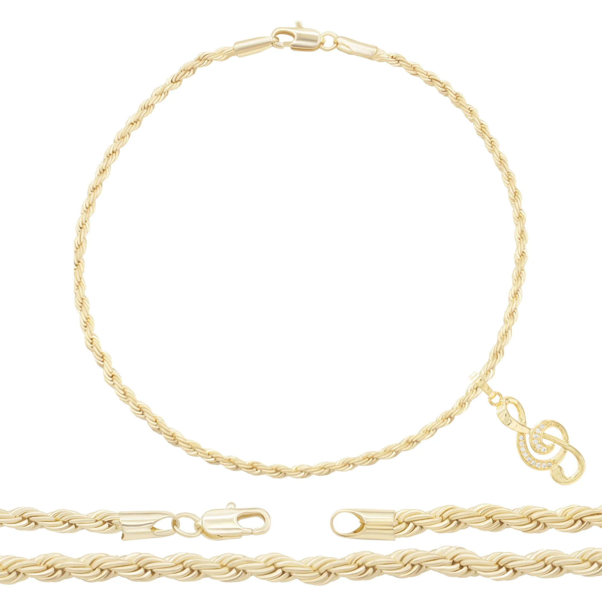 Music Note Pendant 14K Anklet Gold Filled Cubic Zirconia Charm Rope Chain Set 10" Women Jewelry