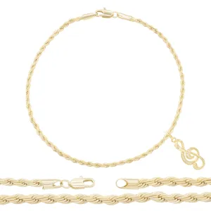 Music Note Pendant 14K Anklet Gold Filled Cubic Zirconia Charm Rope Chain Set 10" Women Jewelry