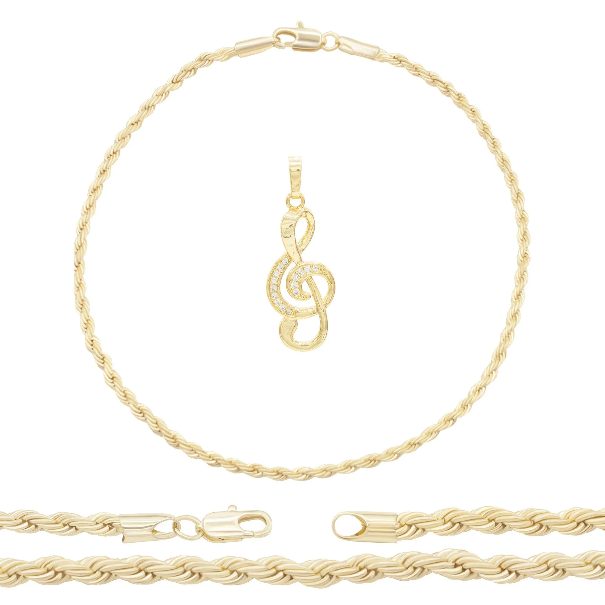 Music Note Pendant 14K Anklet Gold Filled Cubic Zirconia Charm Rope Chain Set 10" Women Jewelry