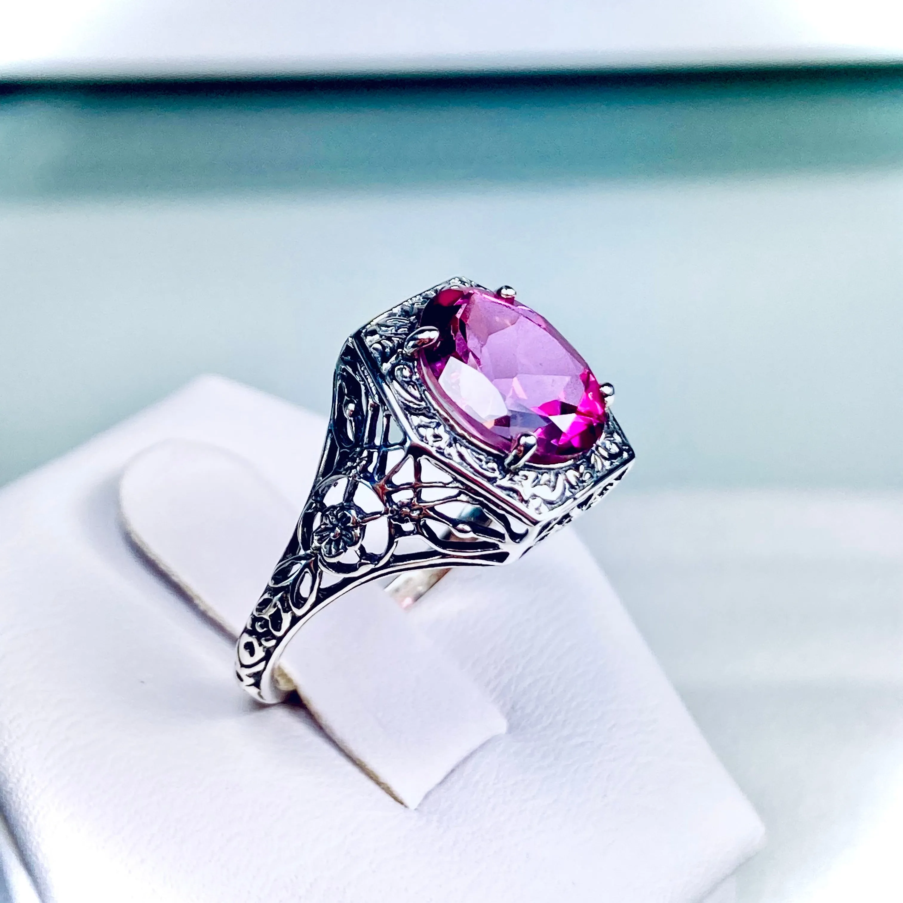 Natural Pink Topaz Ring, oval gem, Sterling Silver Filigree D417