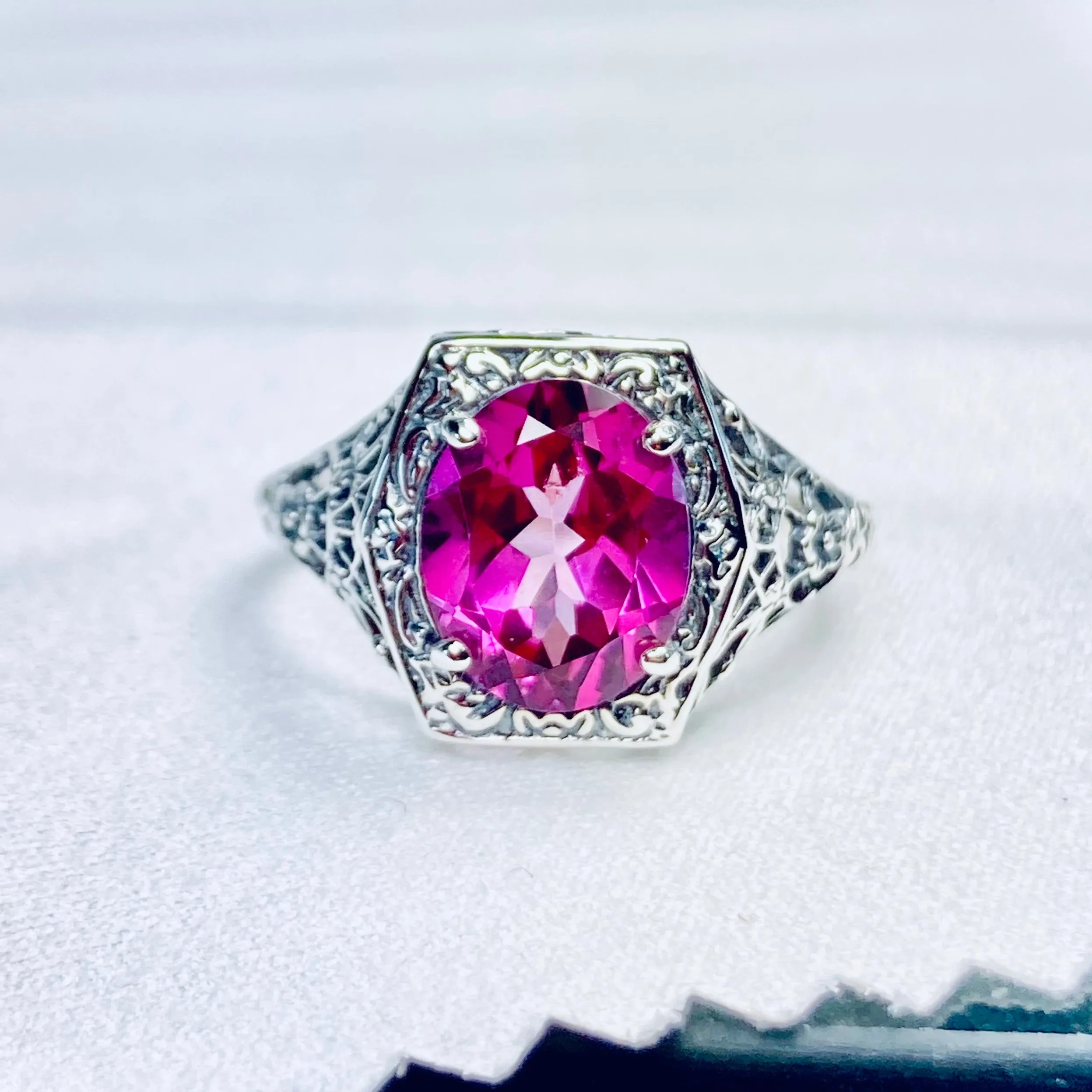 Natural Pink Topaz Ring, oval gem, Sterling Silver Filigree D417