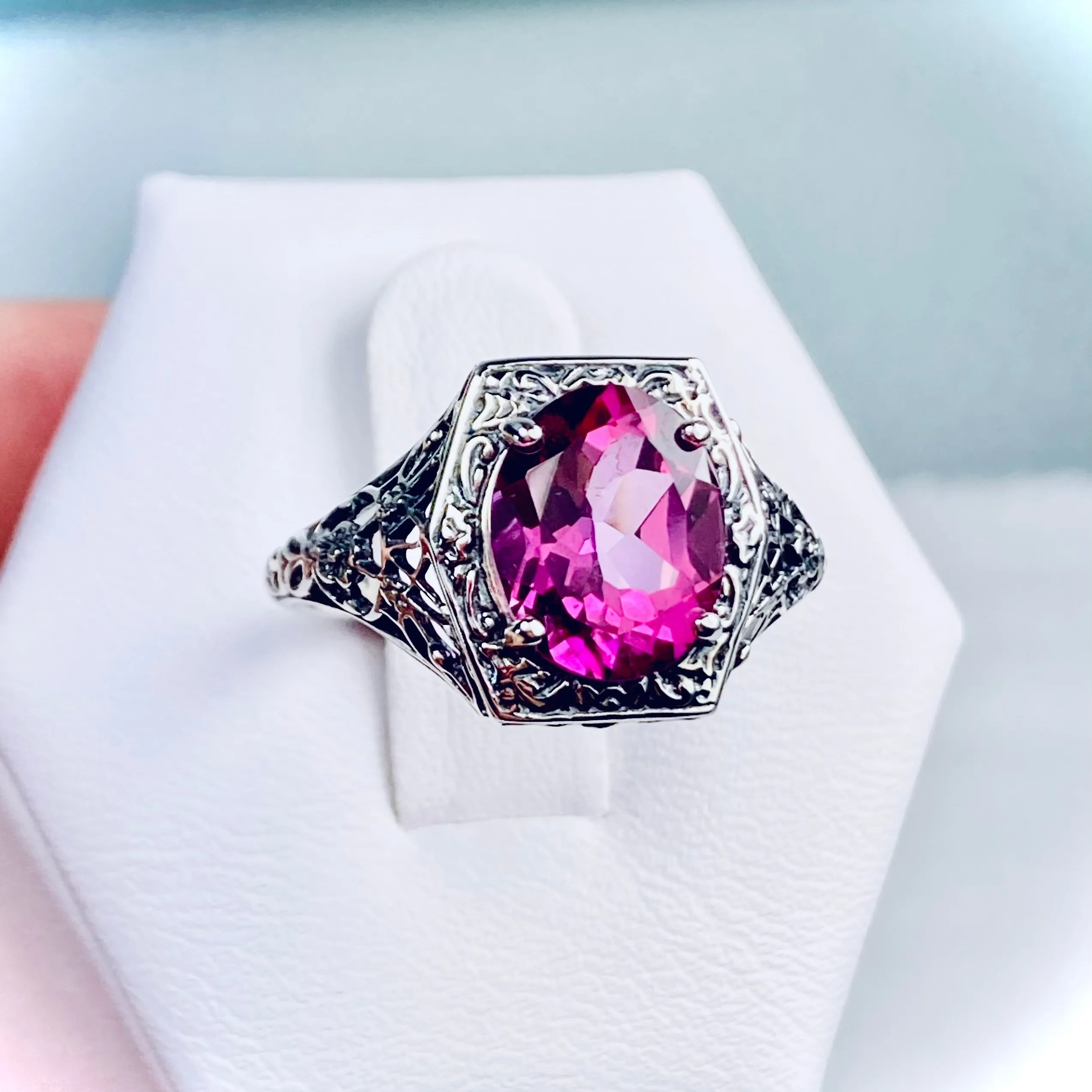 Natural Pink Topaz Ring, oval gem, Sterling Silver Filigree D417
