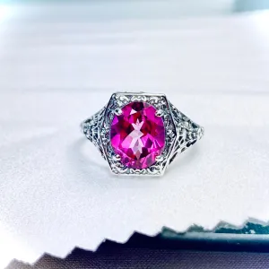 Natural Pink Topaz Ring, oval gem, Sterling Silver Filigree D417